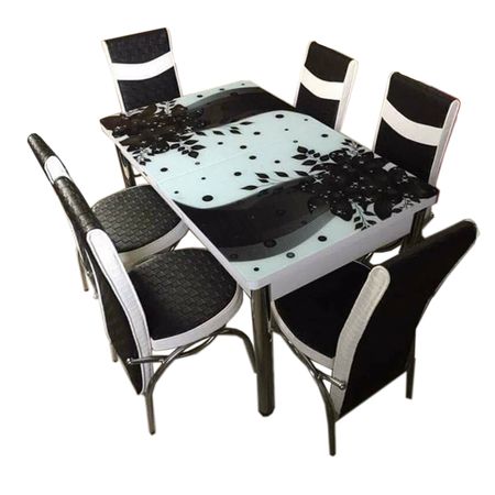 Set Masa extensibila 6 pers blat sticla securizata +6 scaune piele eco Elt Modella alb/negru model floral , 170 x 80 x 70 cm